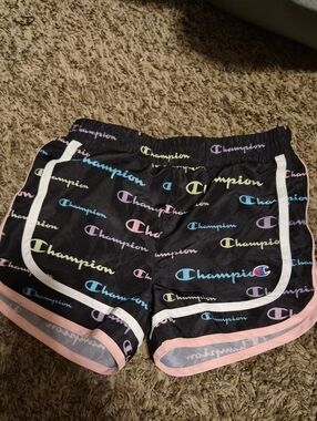 Champion Black Athletic Shorts with Pastel Logo Print